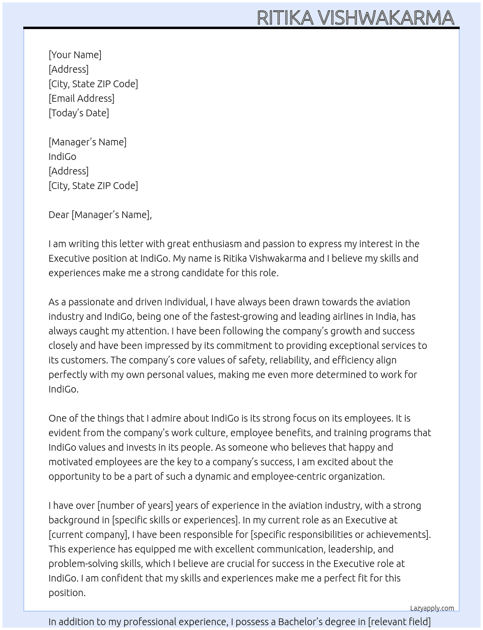 IndiGo  At Executive  Cover Letter