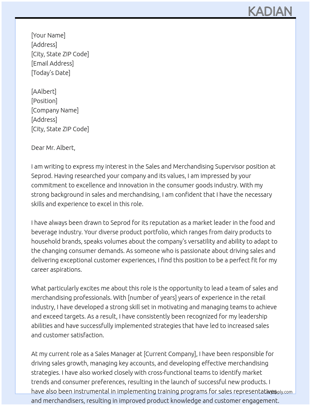 Sales and Merchadising Supervisor At Seprod Cover Letter