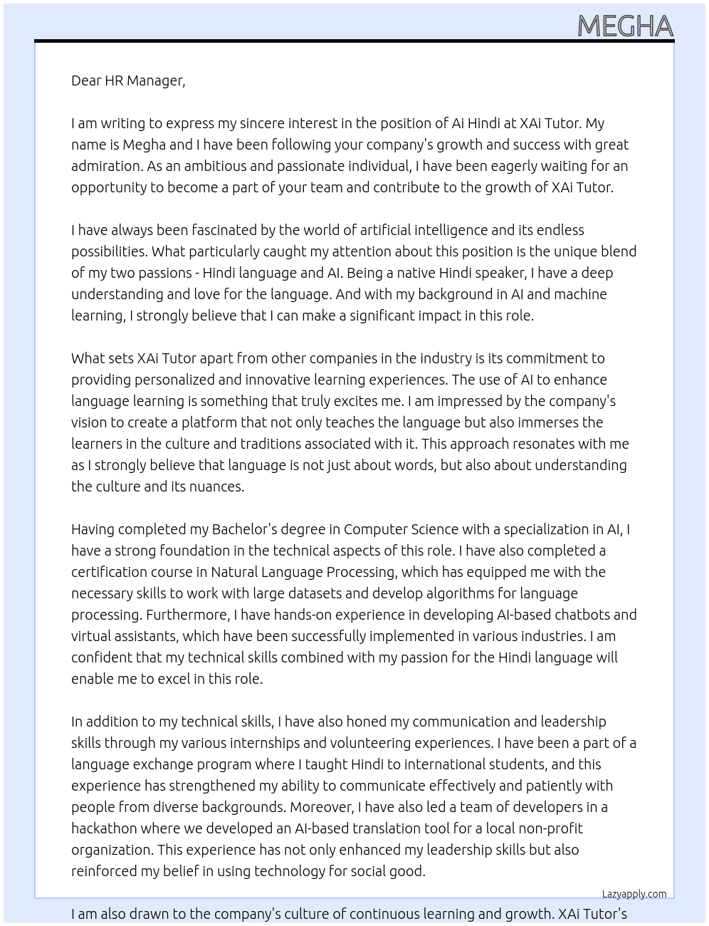 Ai hindi  At XAi tutor  Cover Letter