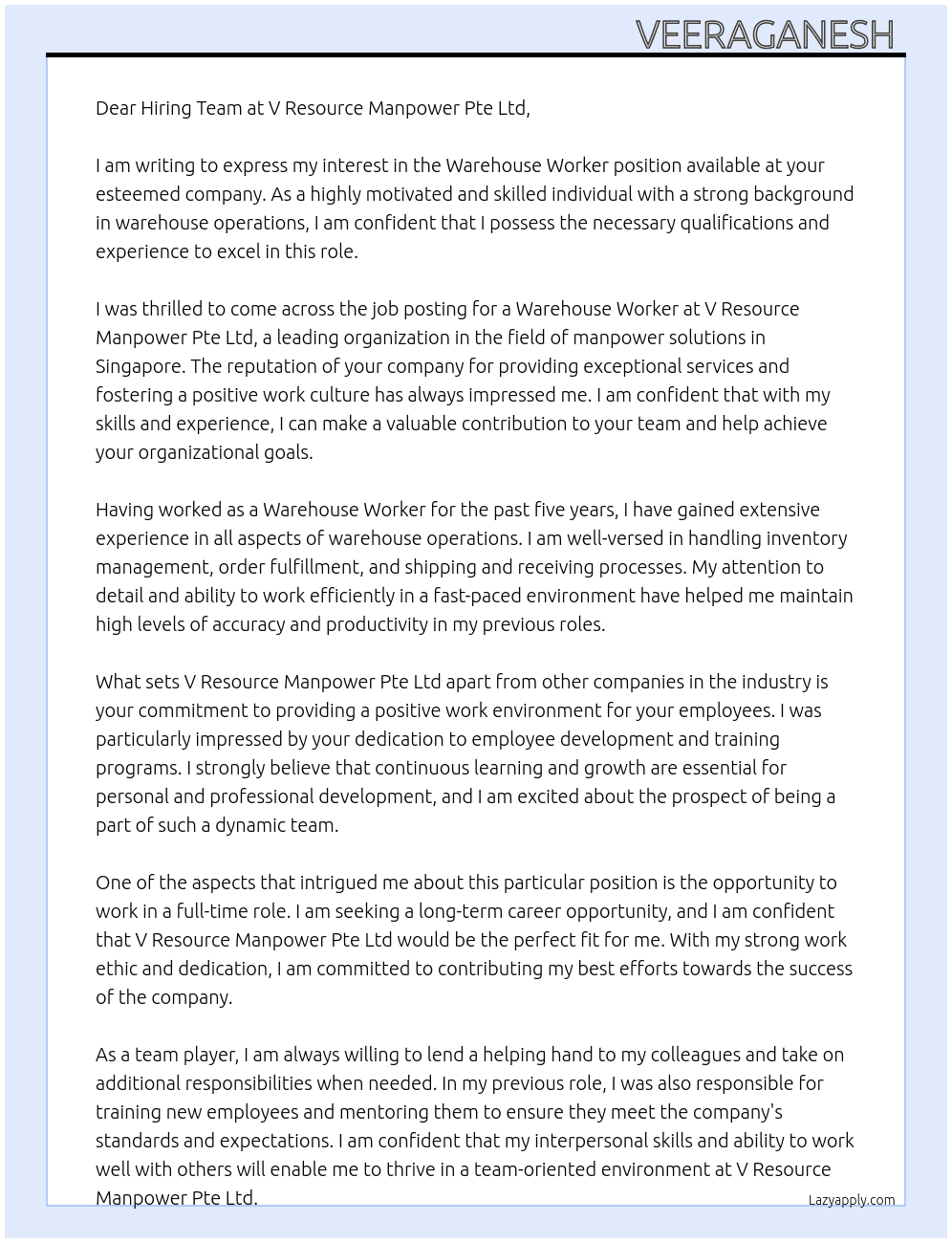 Warehouse worker At V Resource Manpower Pte Ltd - Singapore Cover Letter