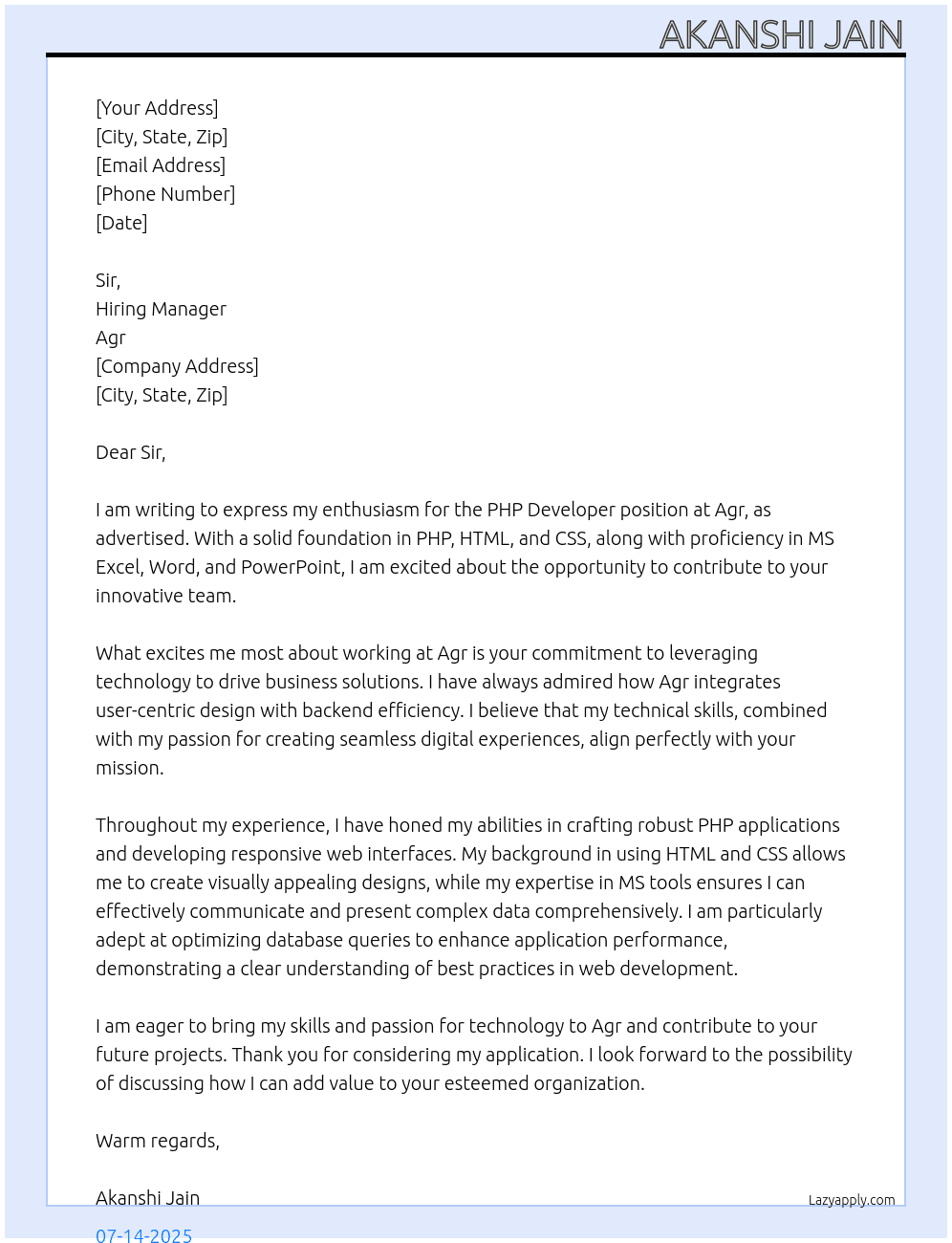 Php developer At Agr Cover Letter