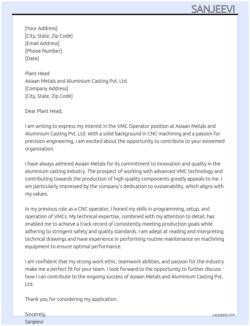 Cover letter for vmc operator - LazyApply