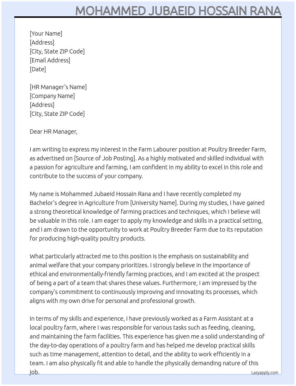 farm laboue At Poultry Breeder Farm Cover Letter