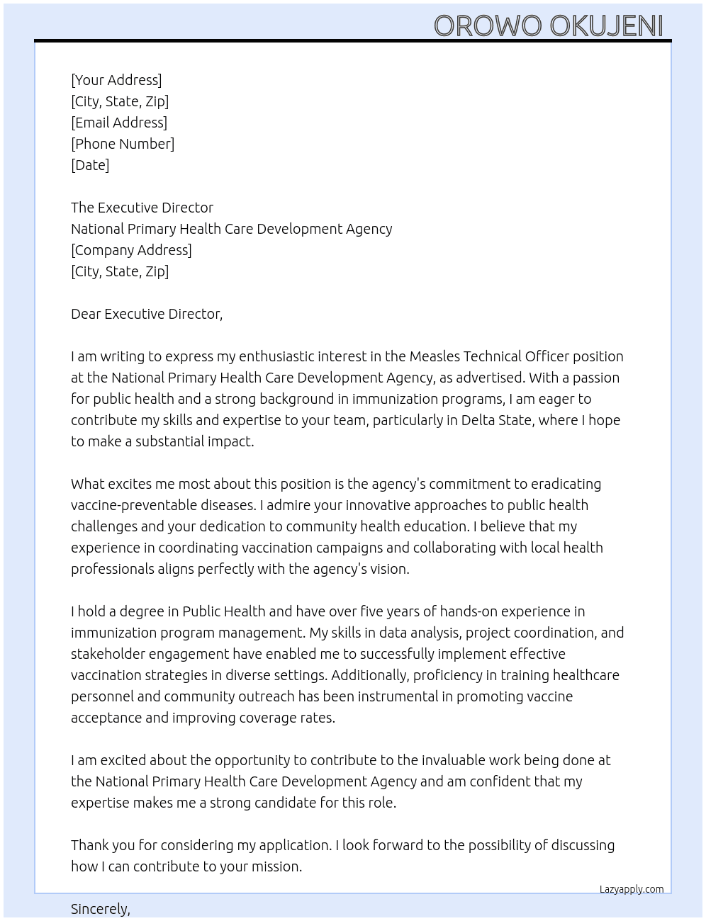 Measles Technical officer  At National Primary health care development agency  Cover Letter