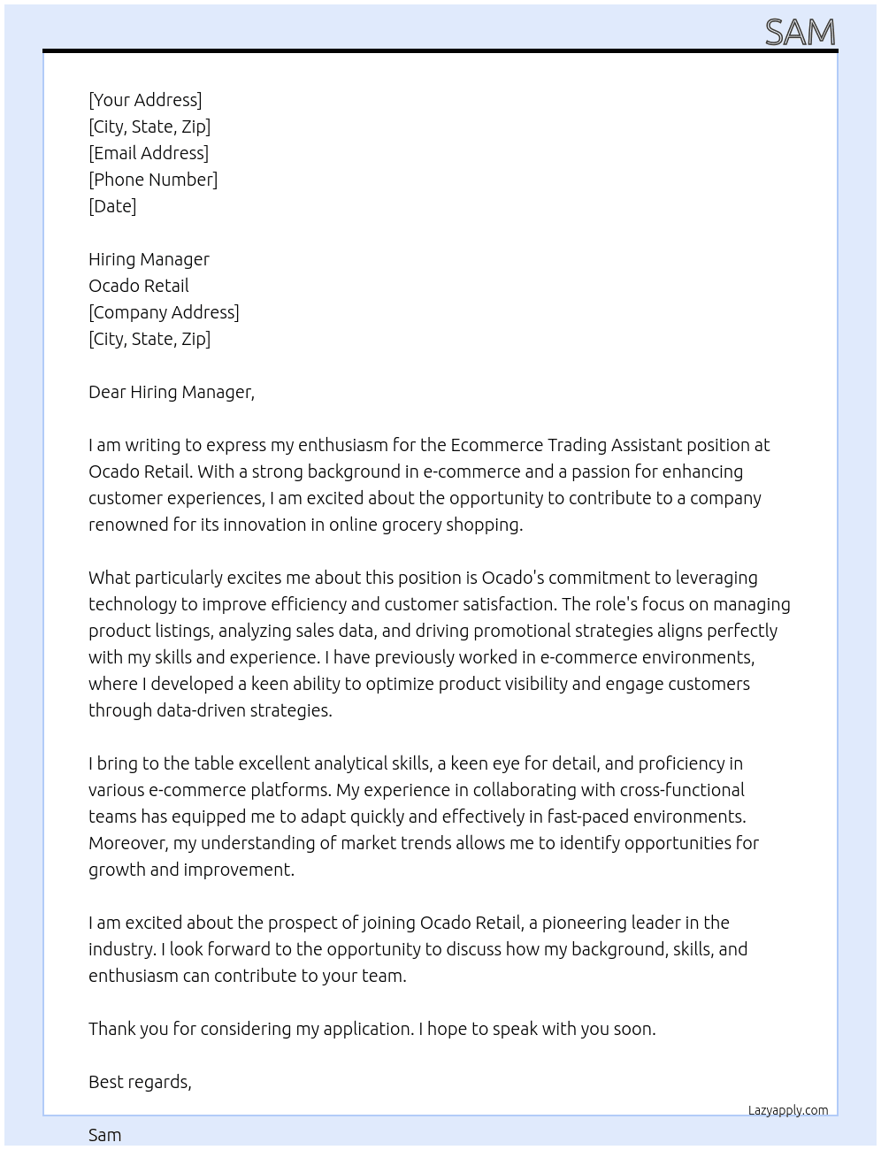 Ecommerce trading assistant At Ocado Retail Cover Letter