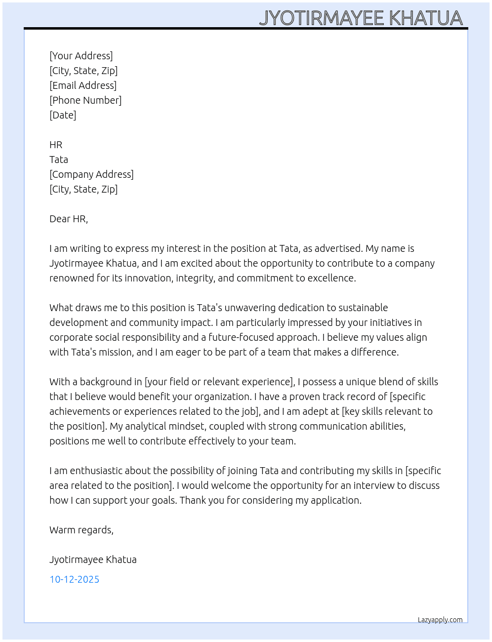 Tata   At TATA Cover Letter