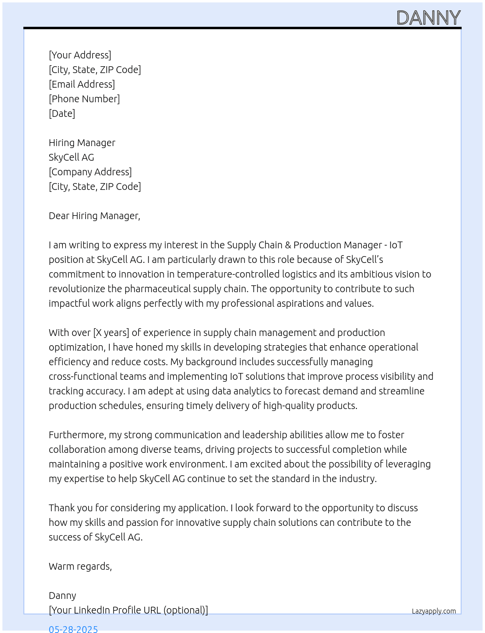 Supply Chain & Production Manager - IoT At SkyCell AG Cover Letter