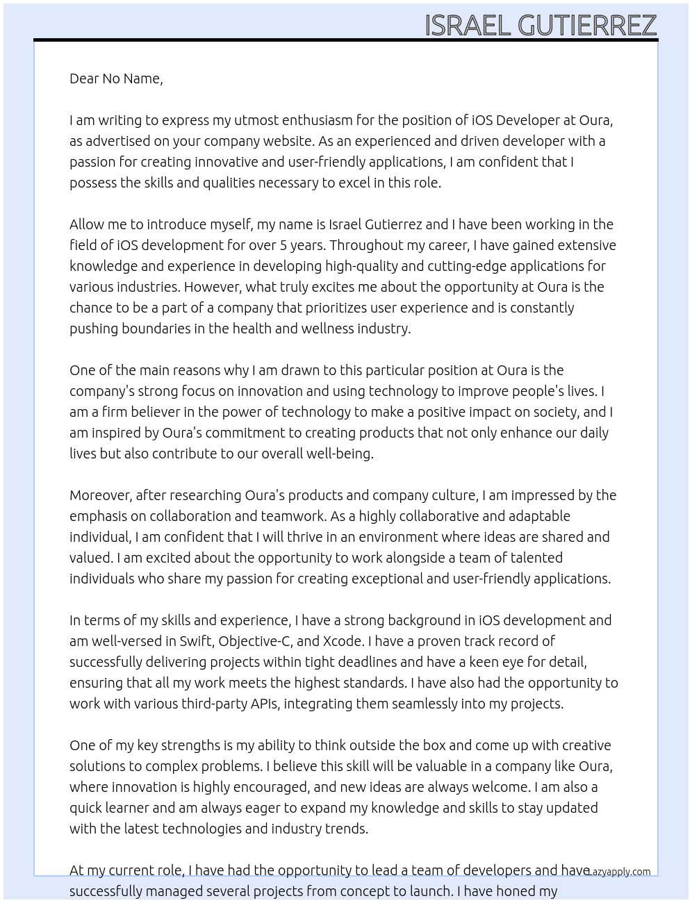 ios Developer At Oura Cover Letter