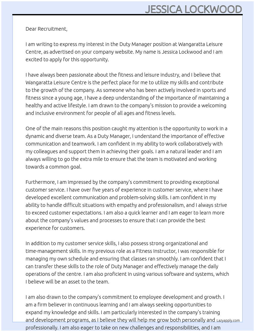 Duty Manager At Wangaratta Liesure Centre Cover Letter