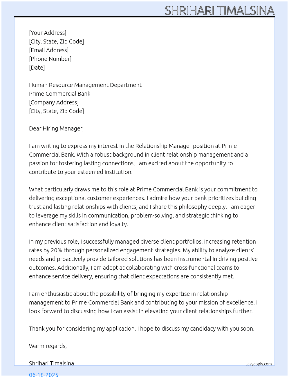 Cover letter for relationship manger - LazyApply