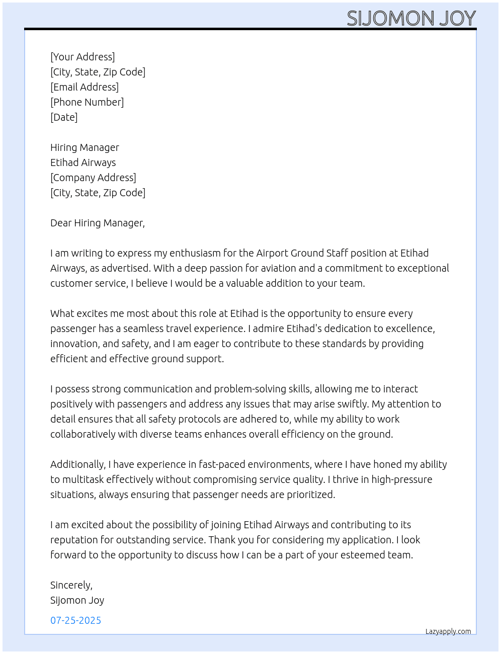 Air port ground staff At ETHIHAD Cover Letter