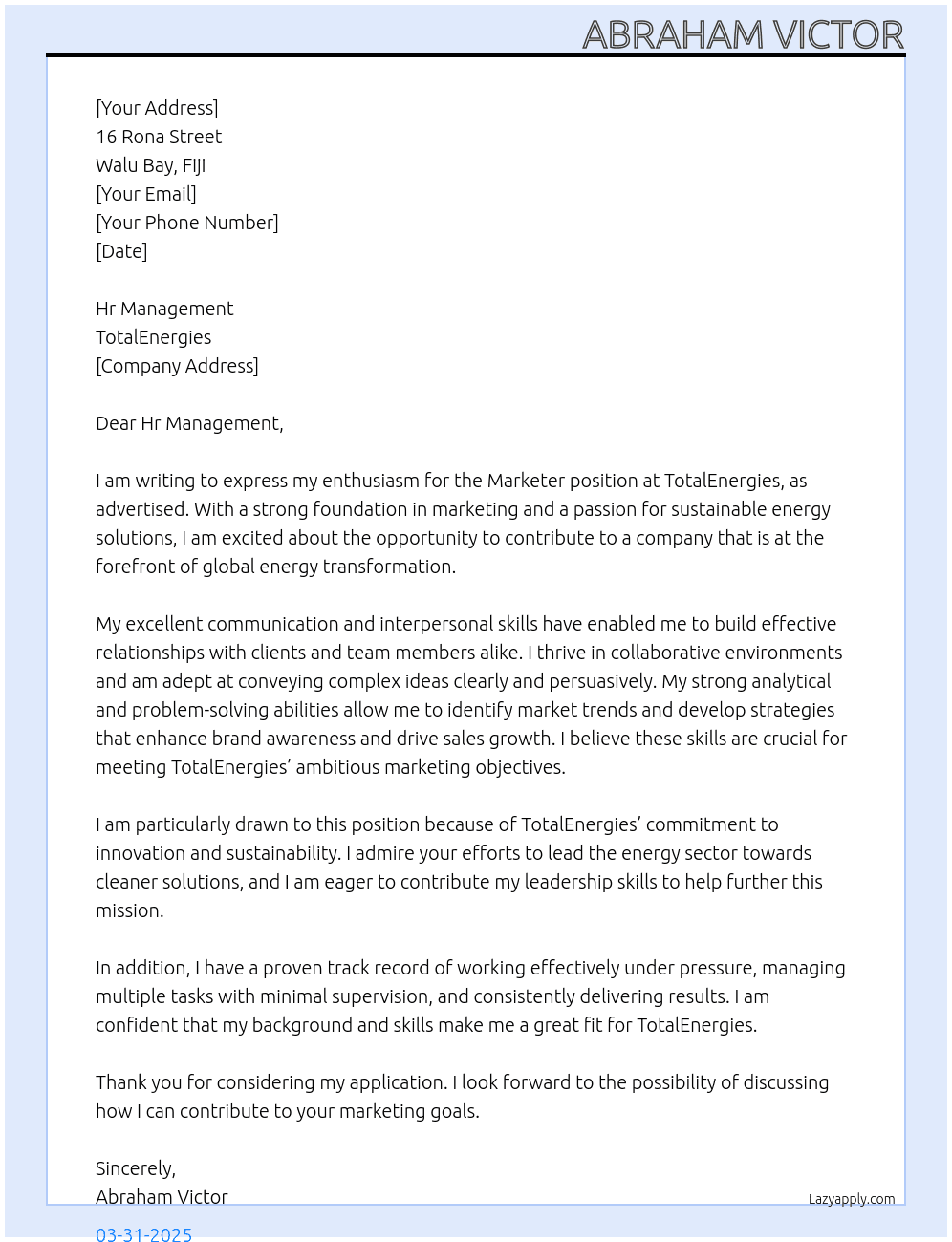 Markerter At TotalEnergies Cover Letter