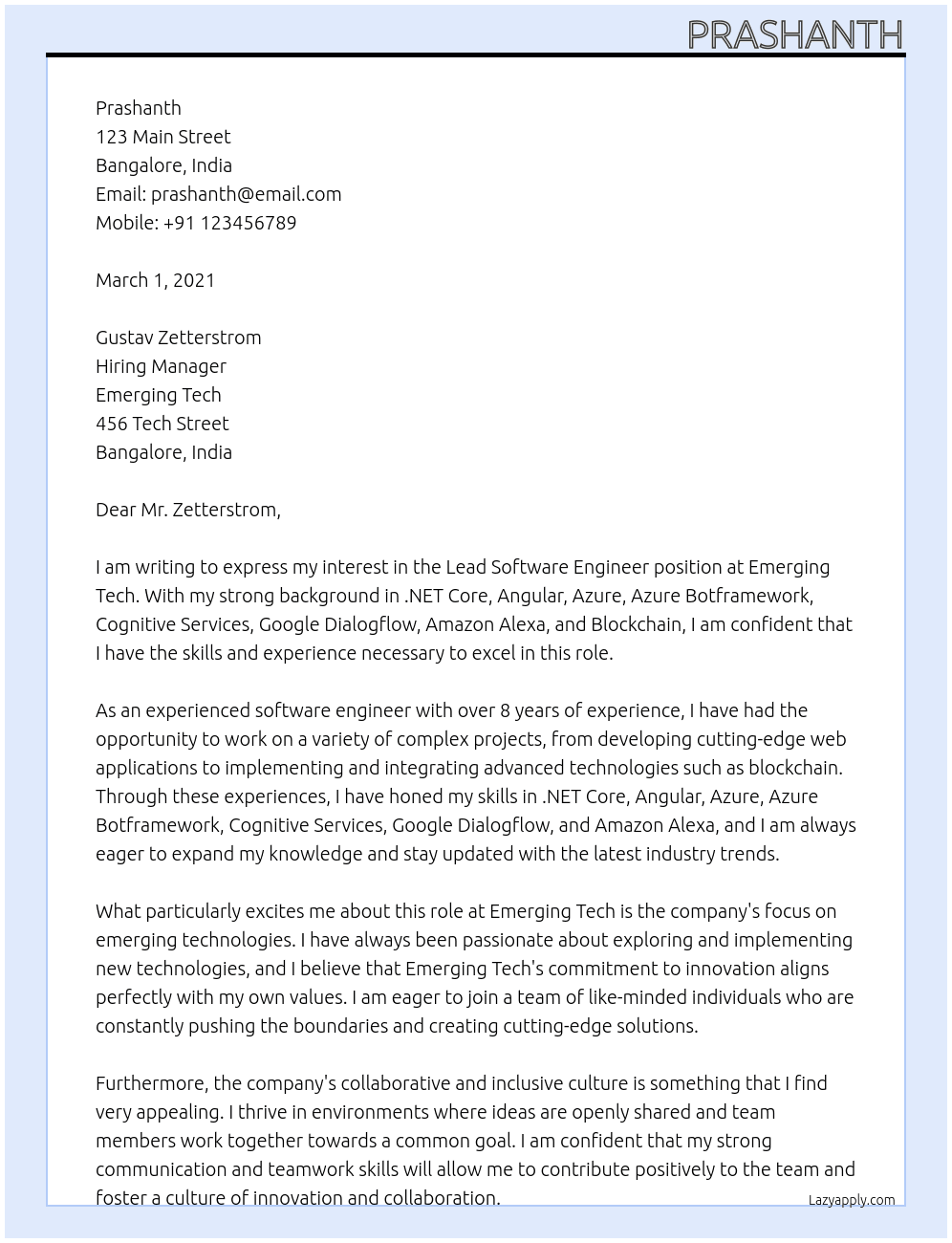 Lead Software Engineer At Emerging Tech Cover Letter