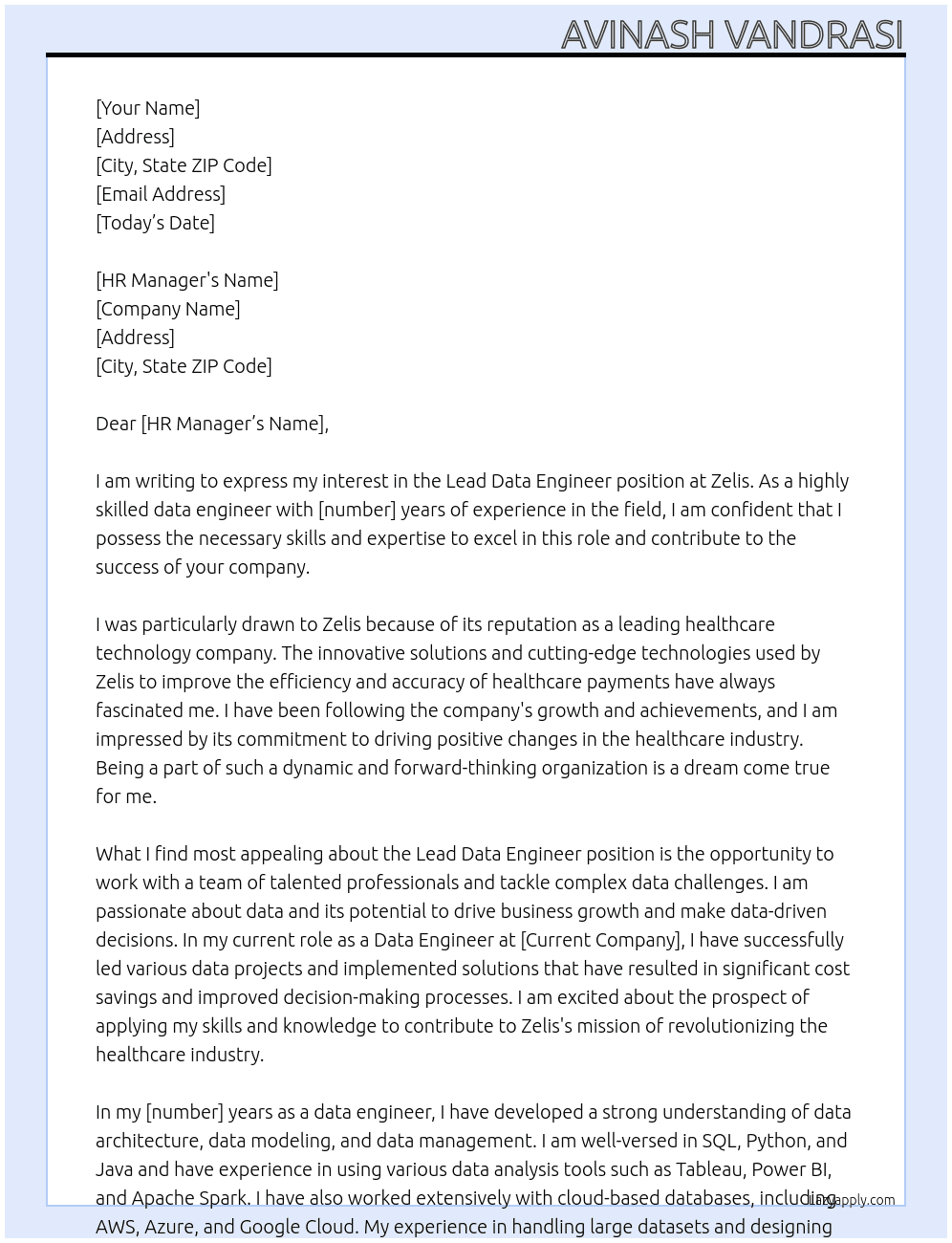 Cover letter for lead data engineer - LazyApply