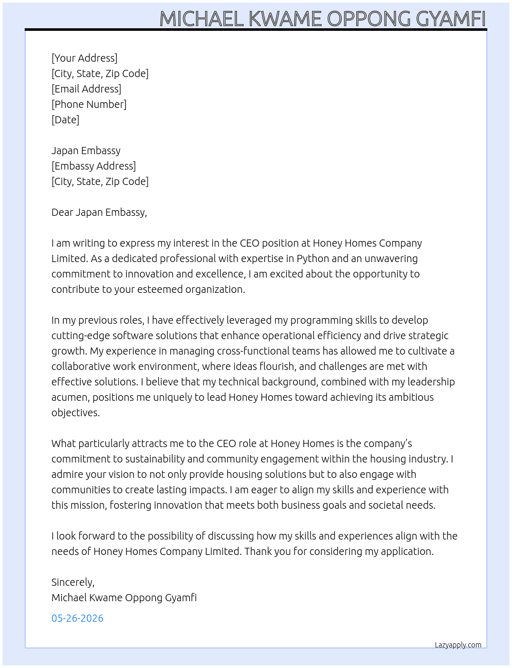 CEO At Honey Homes Company  Limited  Cover Letter