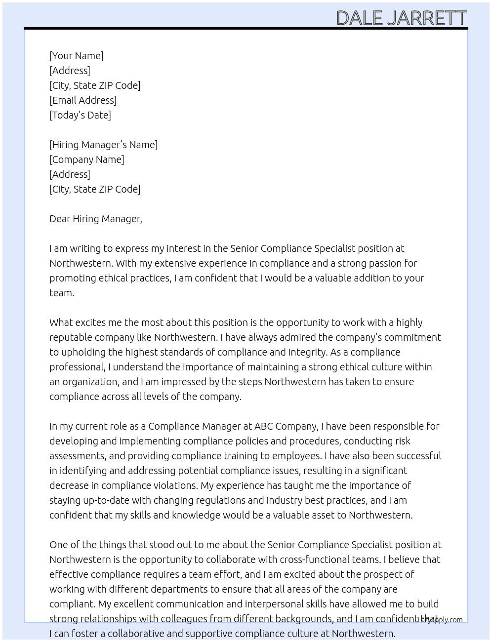 Senior Compliance Specialist At Northwestern Cover Letter