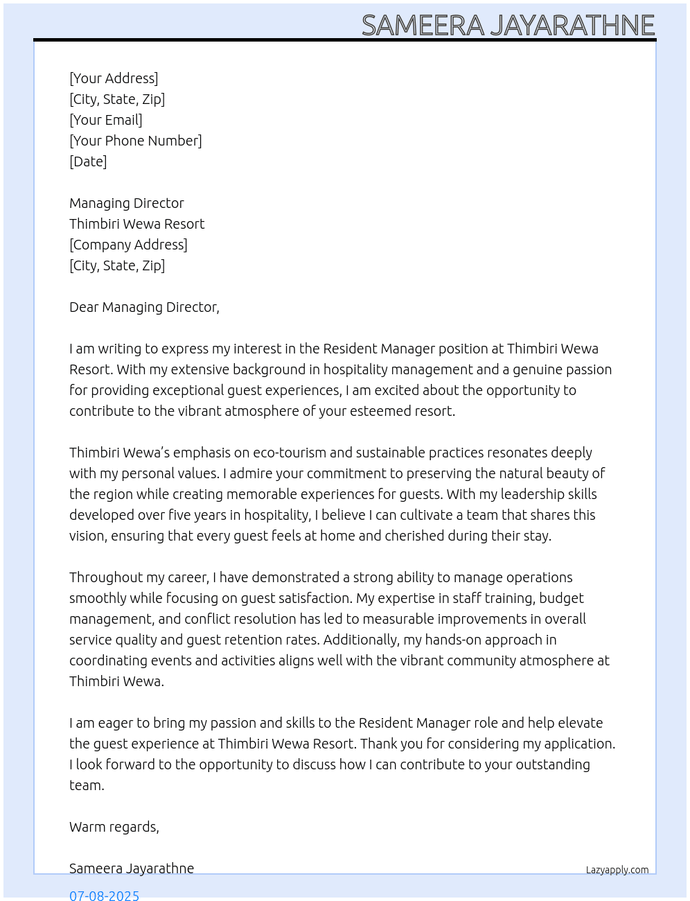 Cover letter for resident manager - LazyApply