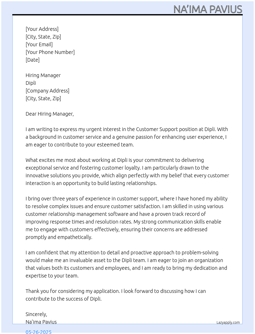 Customer Support At Dipli Cover Letter