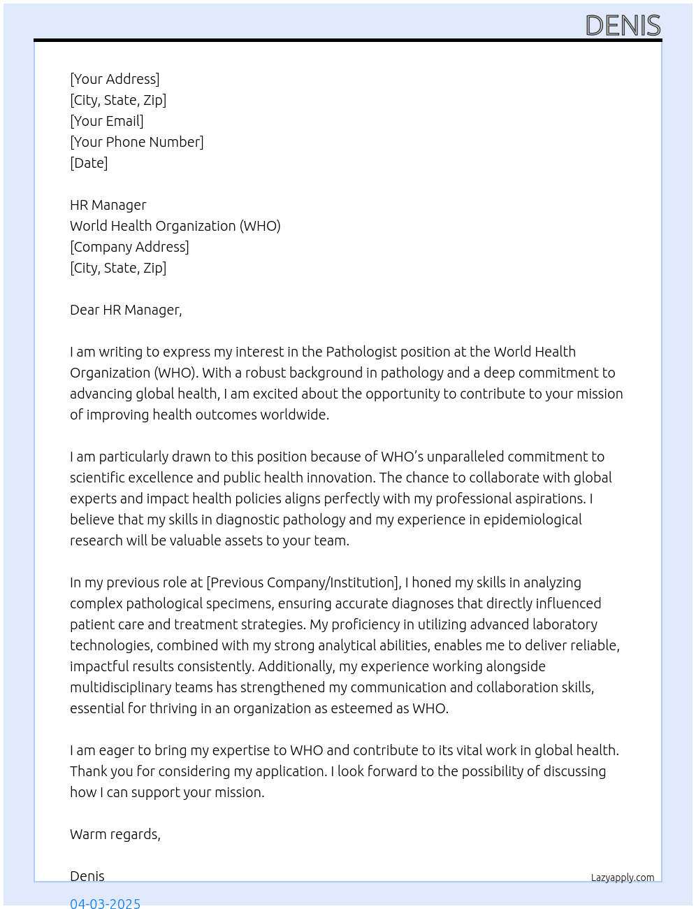 pathologist At WHO Cover Letter