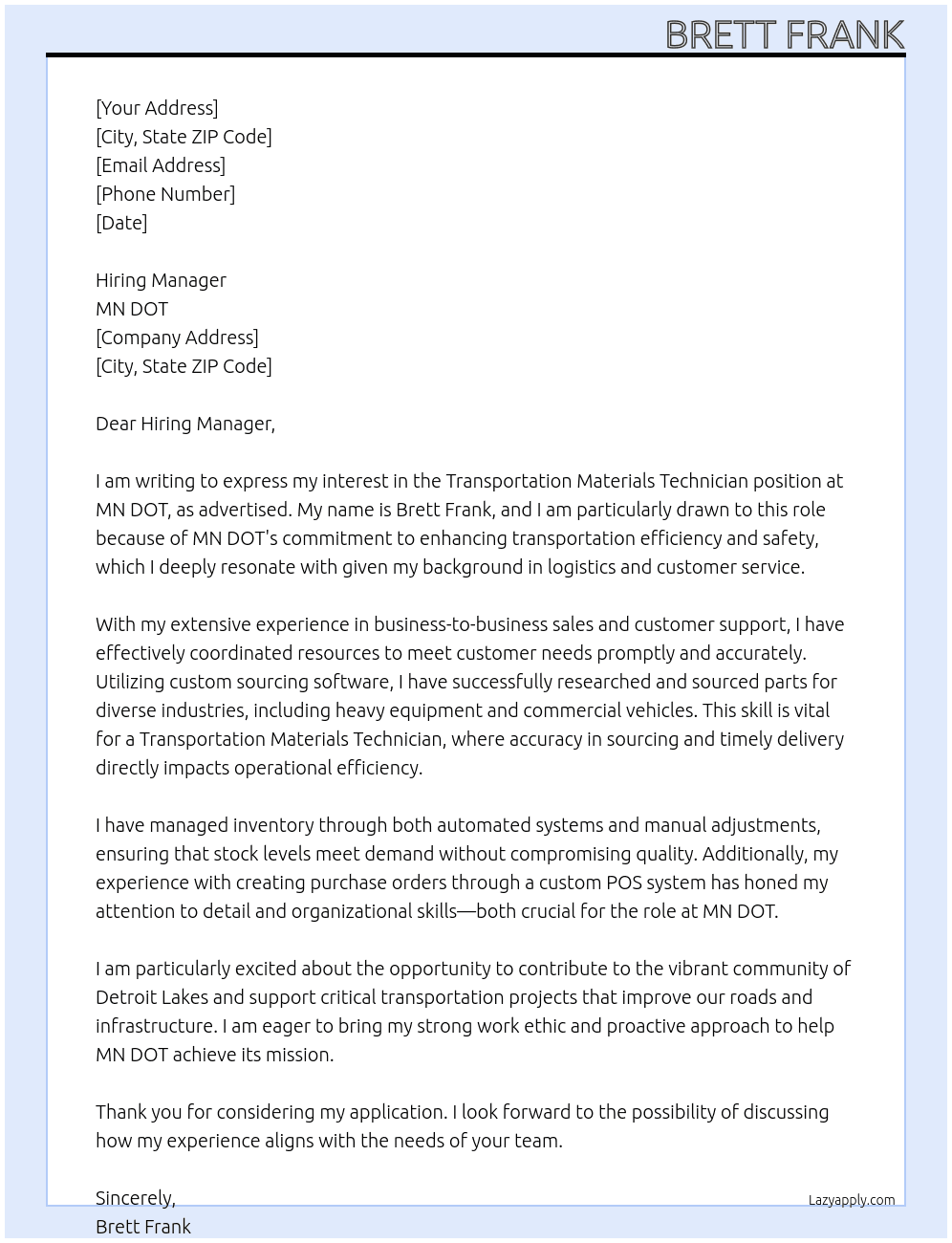 Cover letter for transportation materials technician - LazyApply