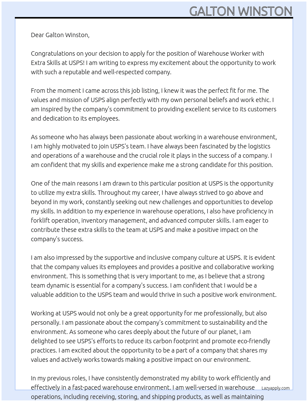 WareHouse Worker With Exta skills At USPS Cover Letter