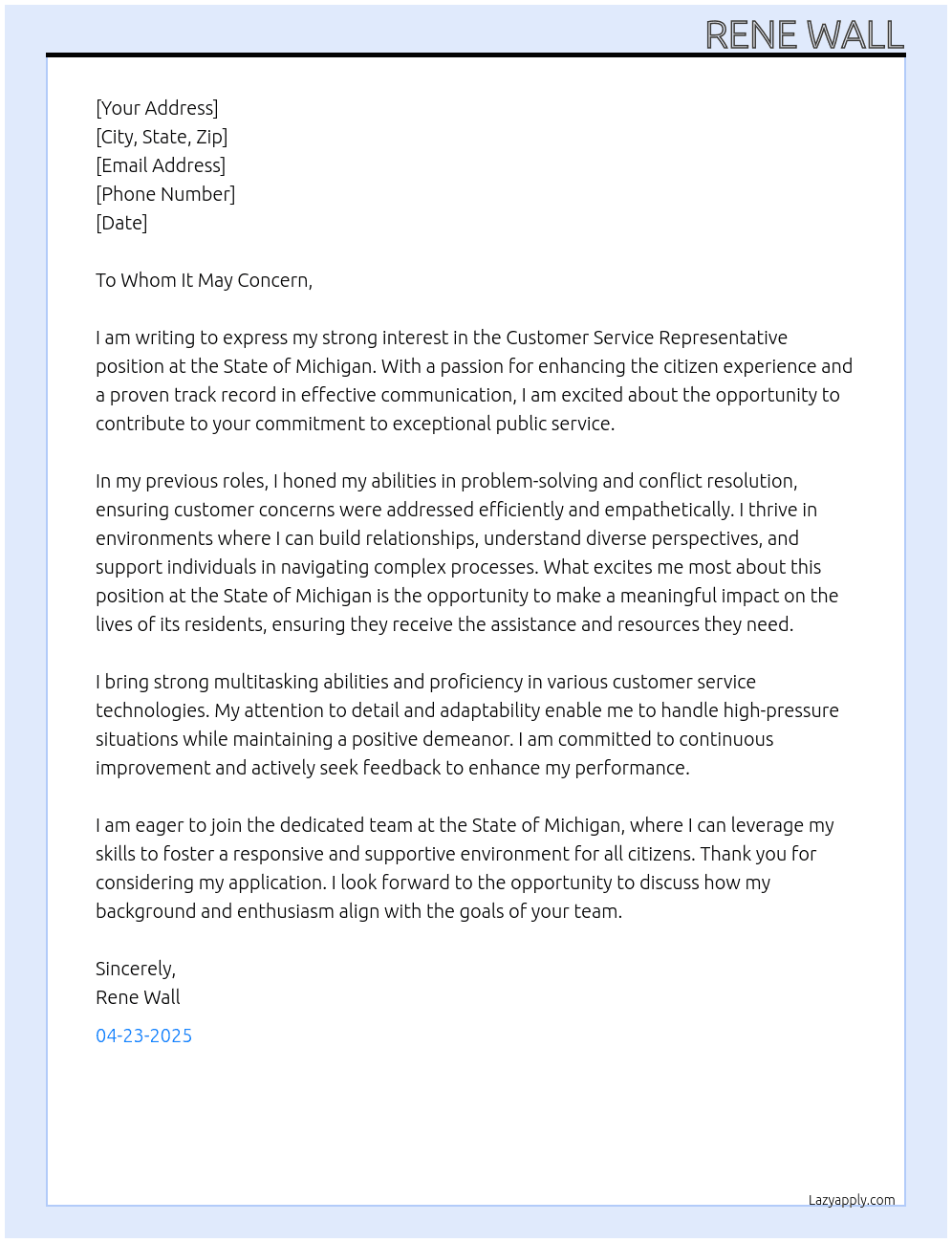 Customer service representative  At State of Michigan Cover Letter
