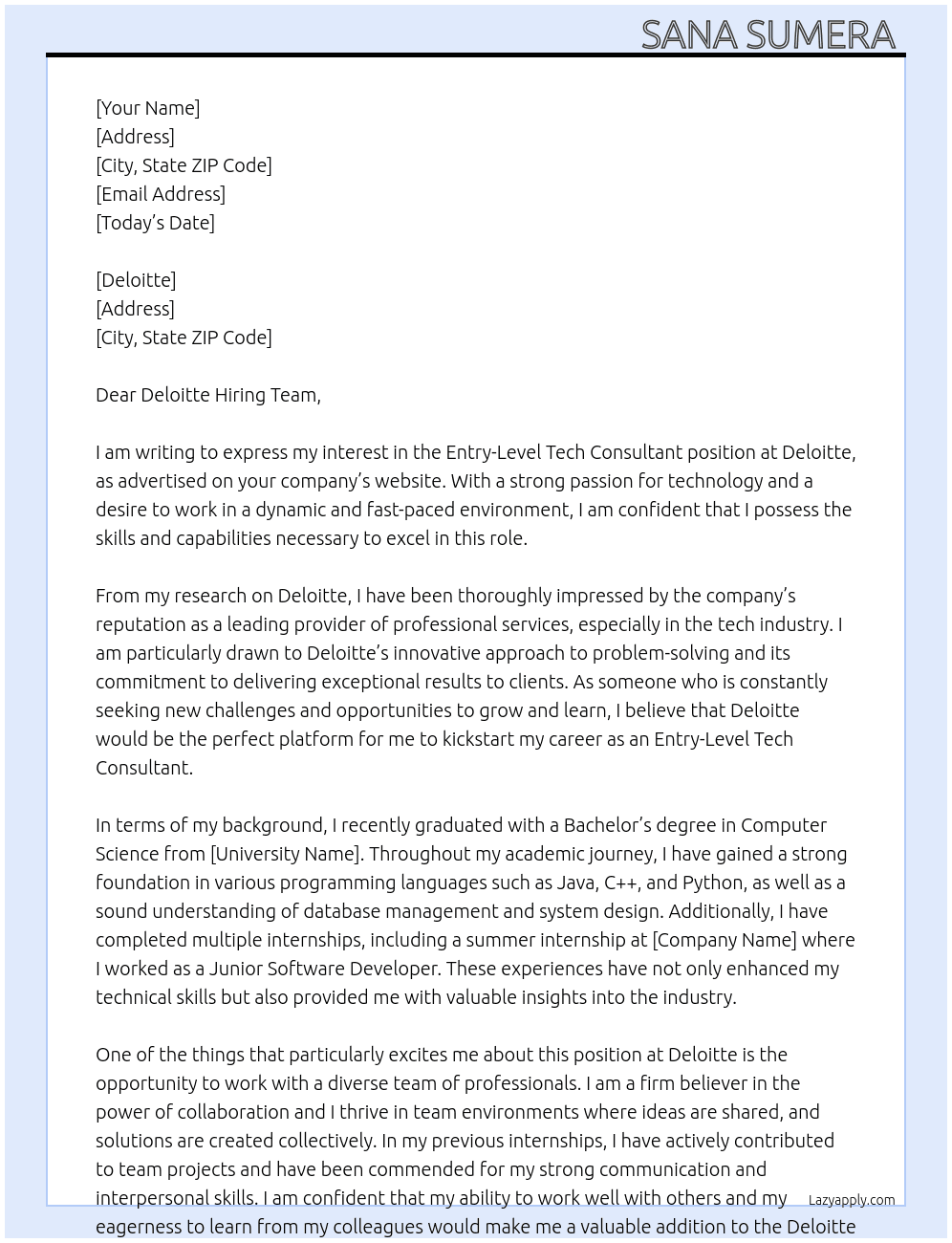 Cover letter for entry - level tech consultant - LazyApply