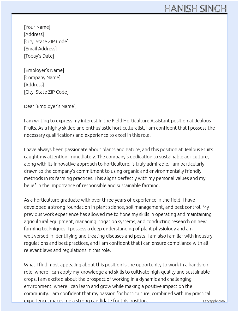 Field Horticulture assistant At Jealous Fruits Cover Letter