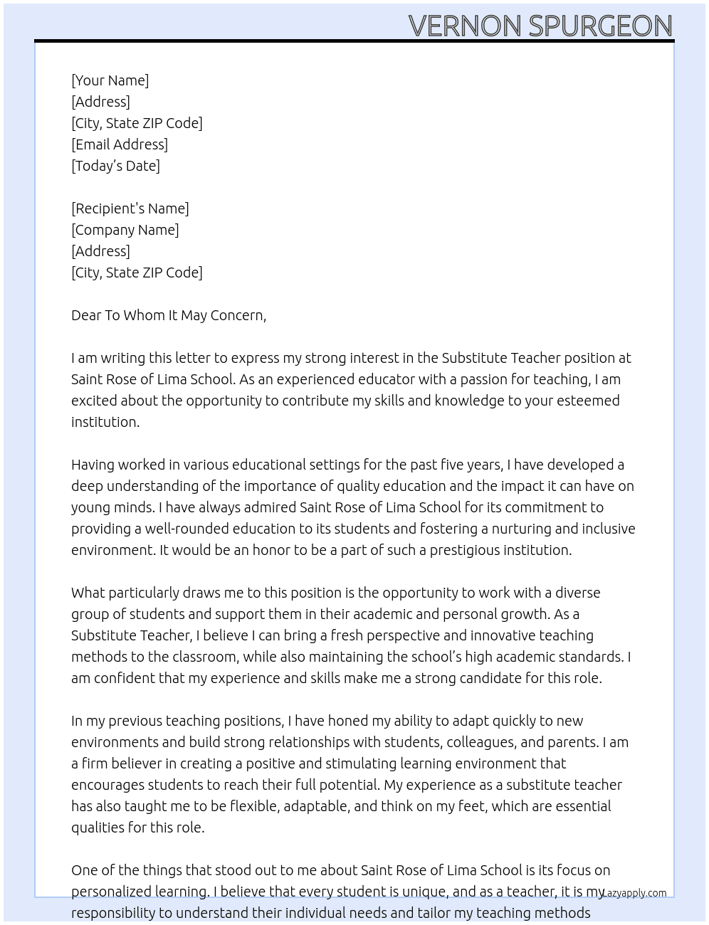 Substitue Teacher At Saint Rose of Lima School Cover Letter