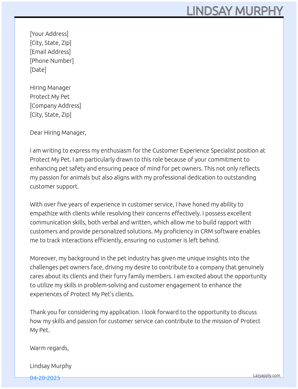 Customer Experience Specialist At Protect My Pet Cover Letter