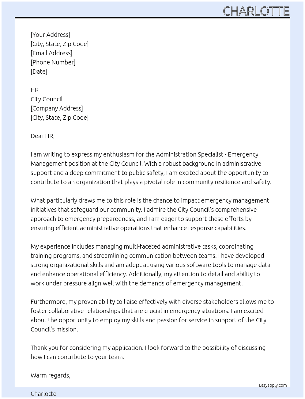 Administration Specialist - Emergency Management At City Council Cover Letter