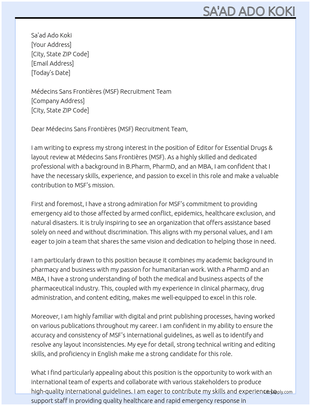Cover letter for editor: essential drugs & layout review - LazyApply