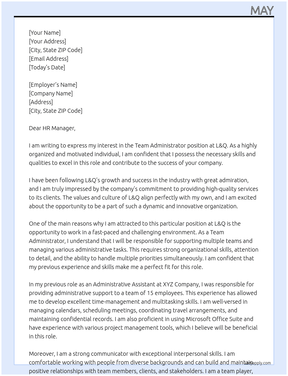 Team Administrator At L&Q Cover Letter