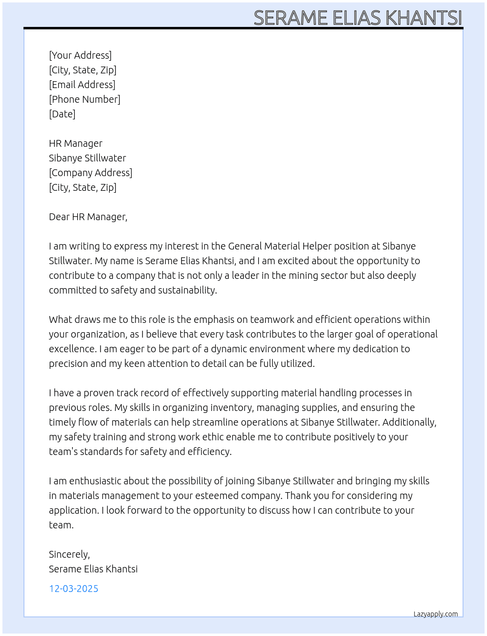 Cover letter for general material helper - LazyApply