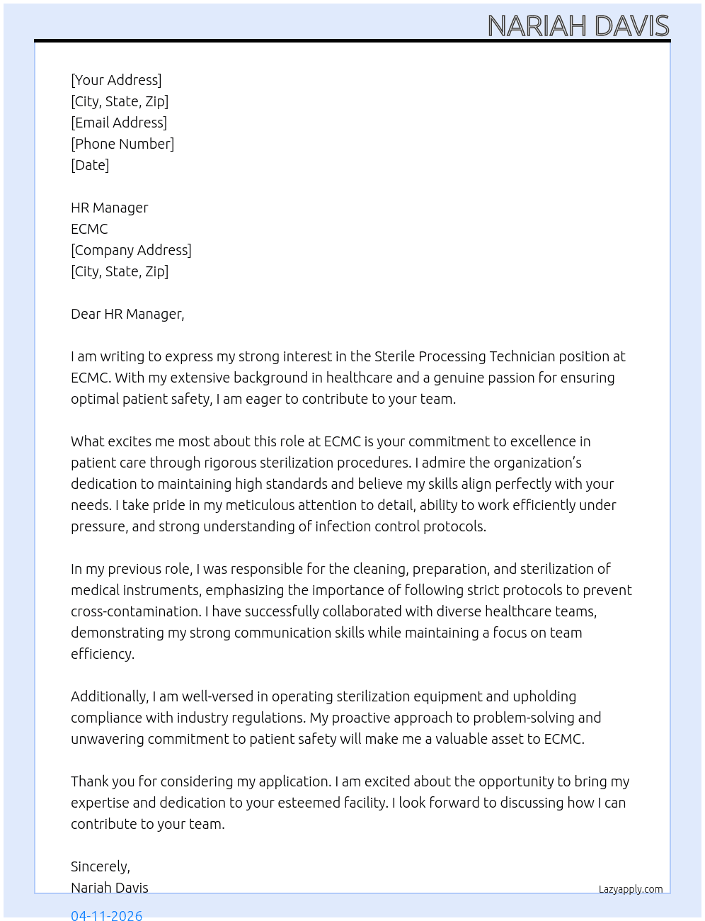 Cover letter for sterile processing technician - LazyApply