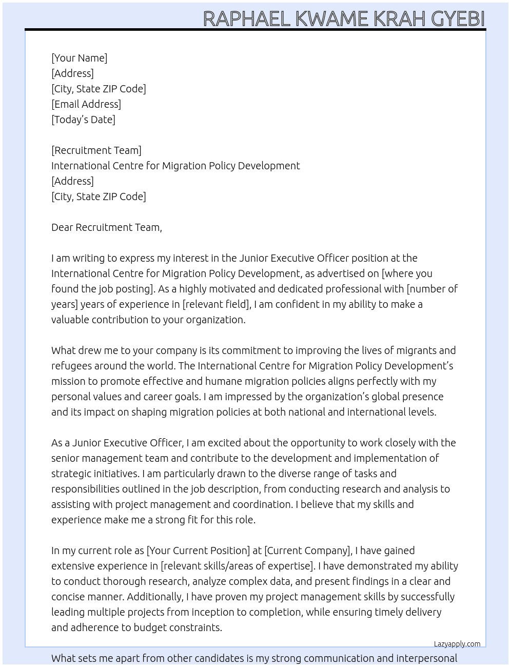 Junior Executive Officer At International Centre for Migration Policy Development Cover Letter