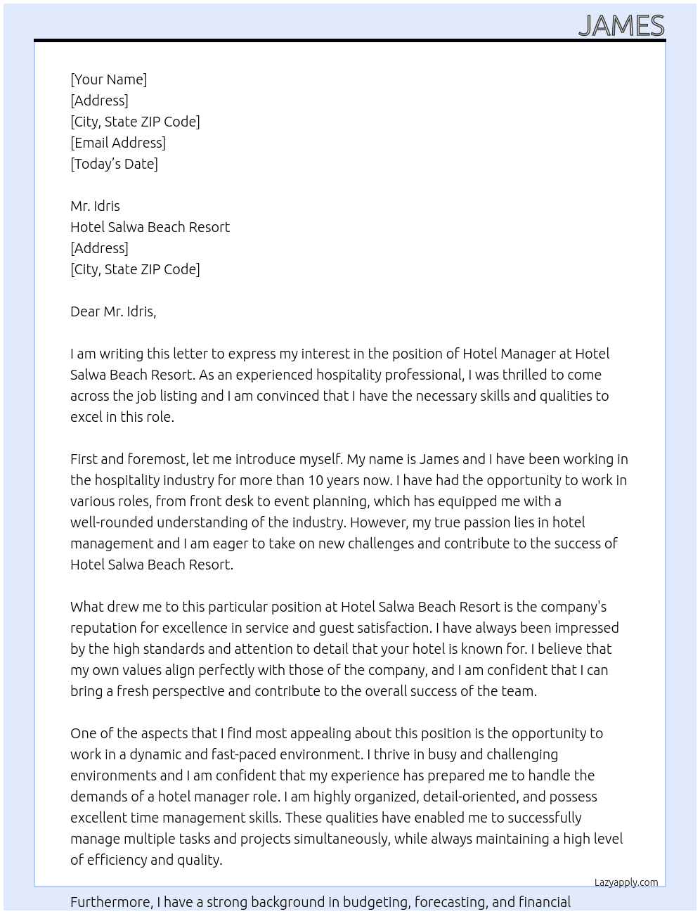 Hotel manager At Hotel salwa Beach Resort Cover Letter