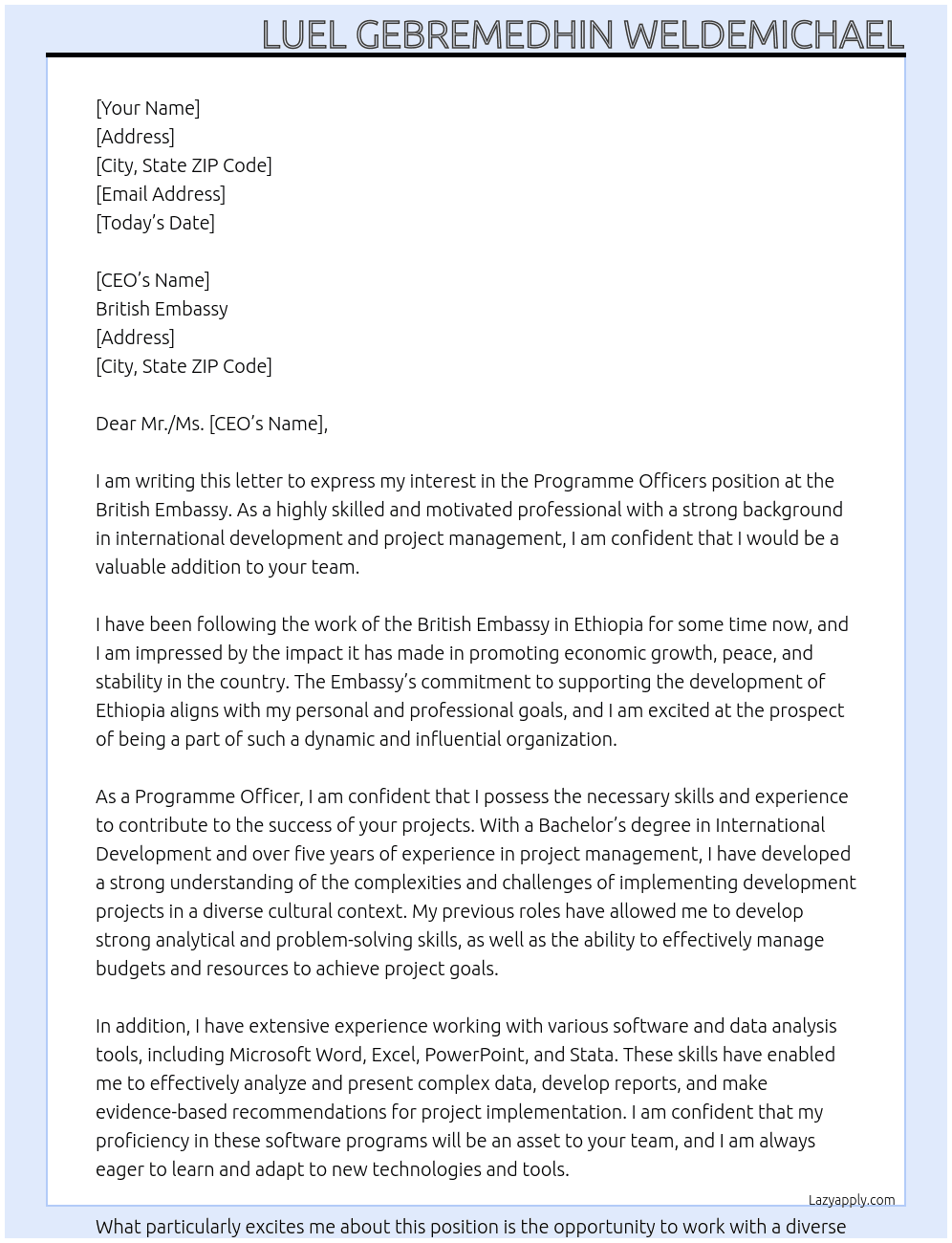 Cover letter for programme officers - LazyApply