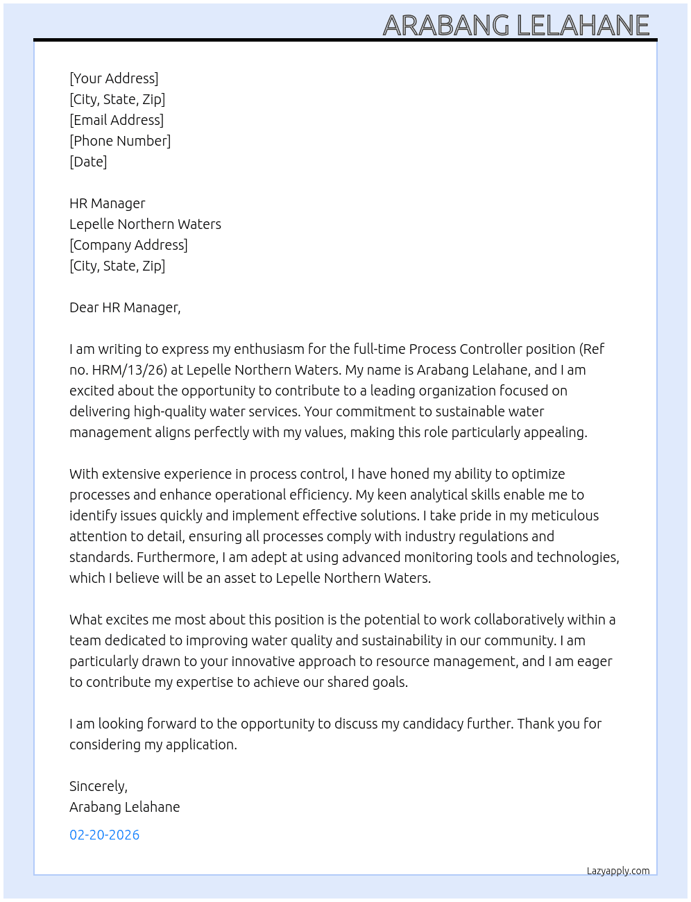(Ref  no. HRM/13/26) At Lepelle Northern waters  Cover Letter