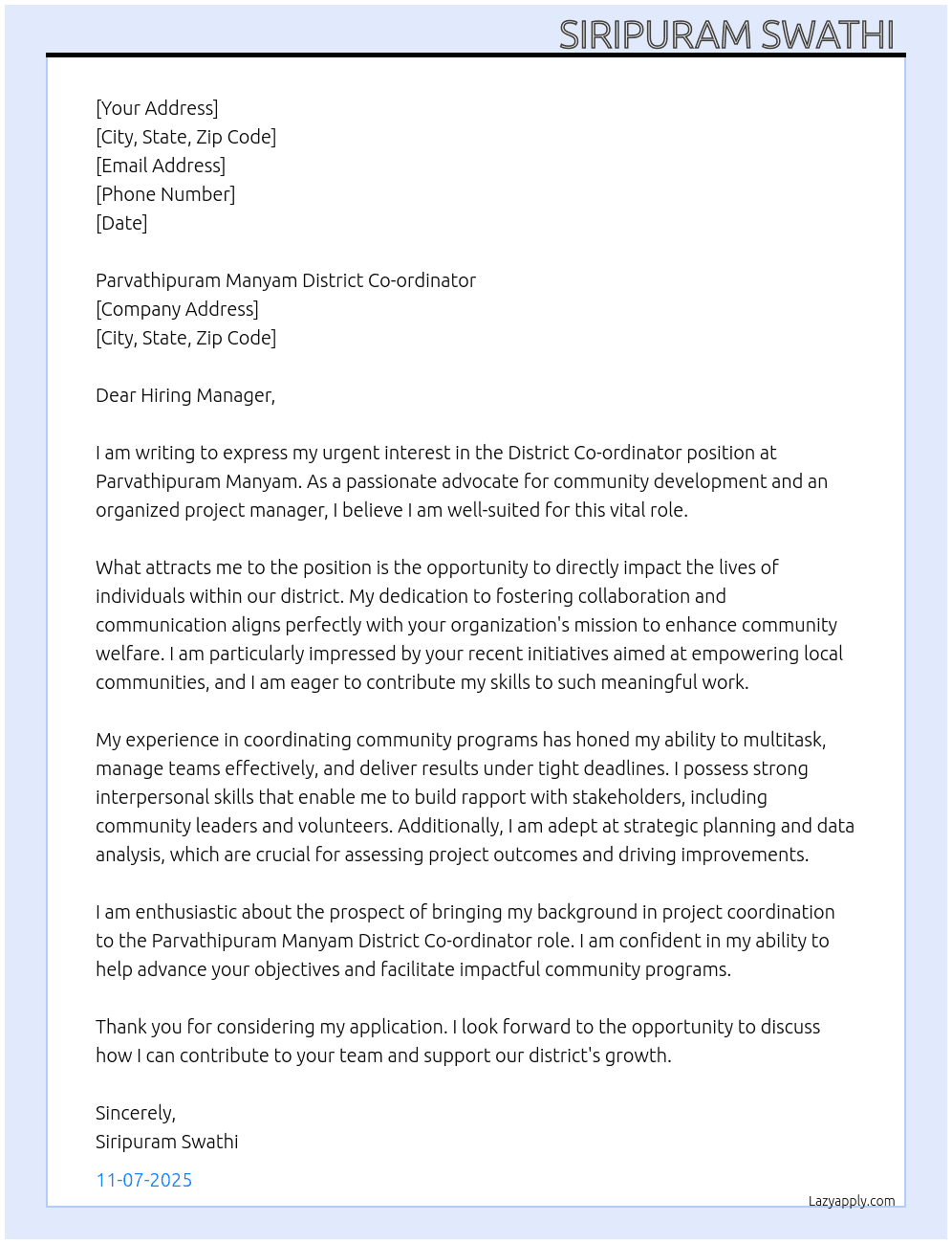 District Co-Ordinate  At Parvathipuram Manyam District Co-ordinator  Cover Letter