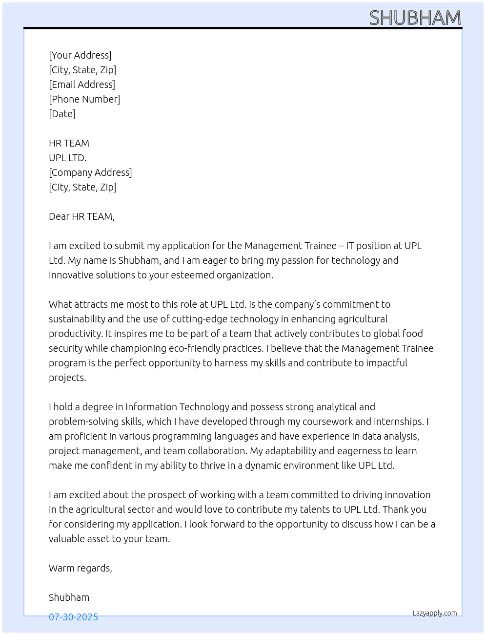 Management Trainee – IT At UPL LTD. Cover Letter