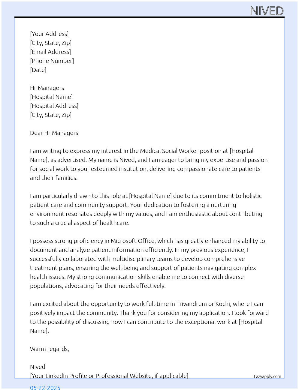 Medical social Worker At hospital Cover Letter