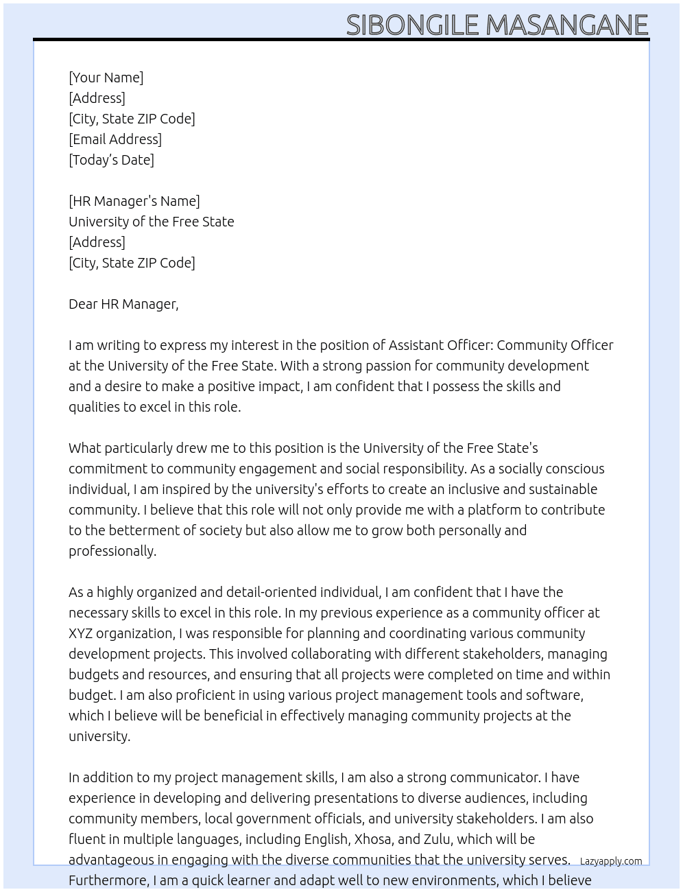 Assistant Officer: Community Officer At University of the free state Cover Letter