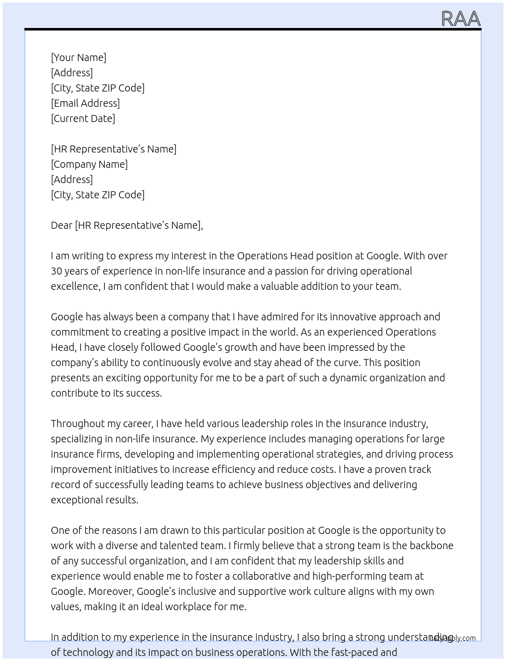 Cover letter for operations head - LazyApply