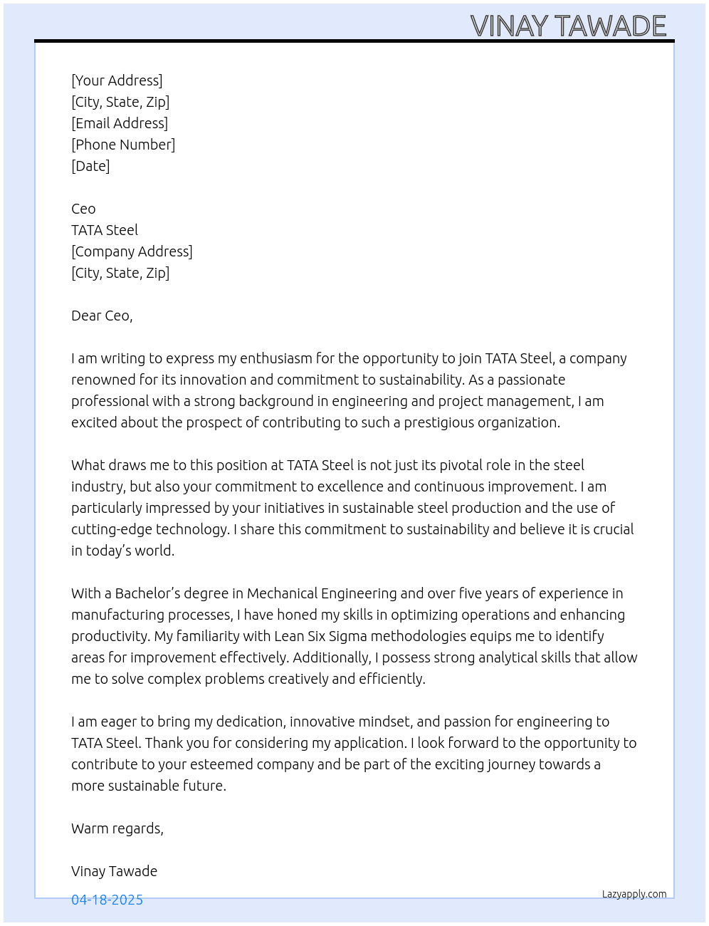 TATA steel At Google  Cover Letter