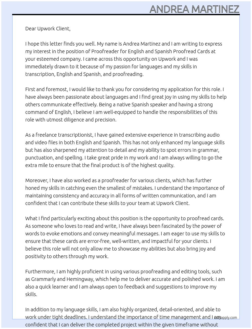 Proofreader English & Spanish Proofread cards  At Upwork Client Cover Letter