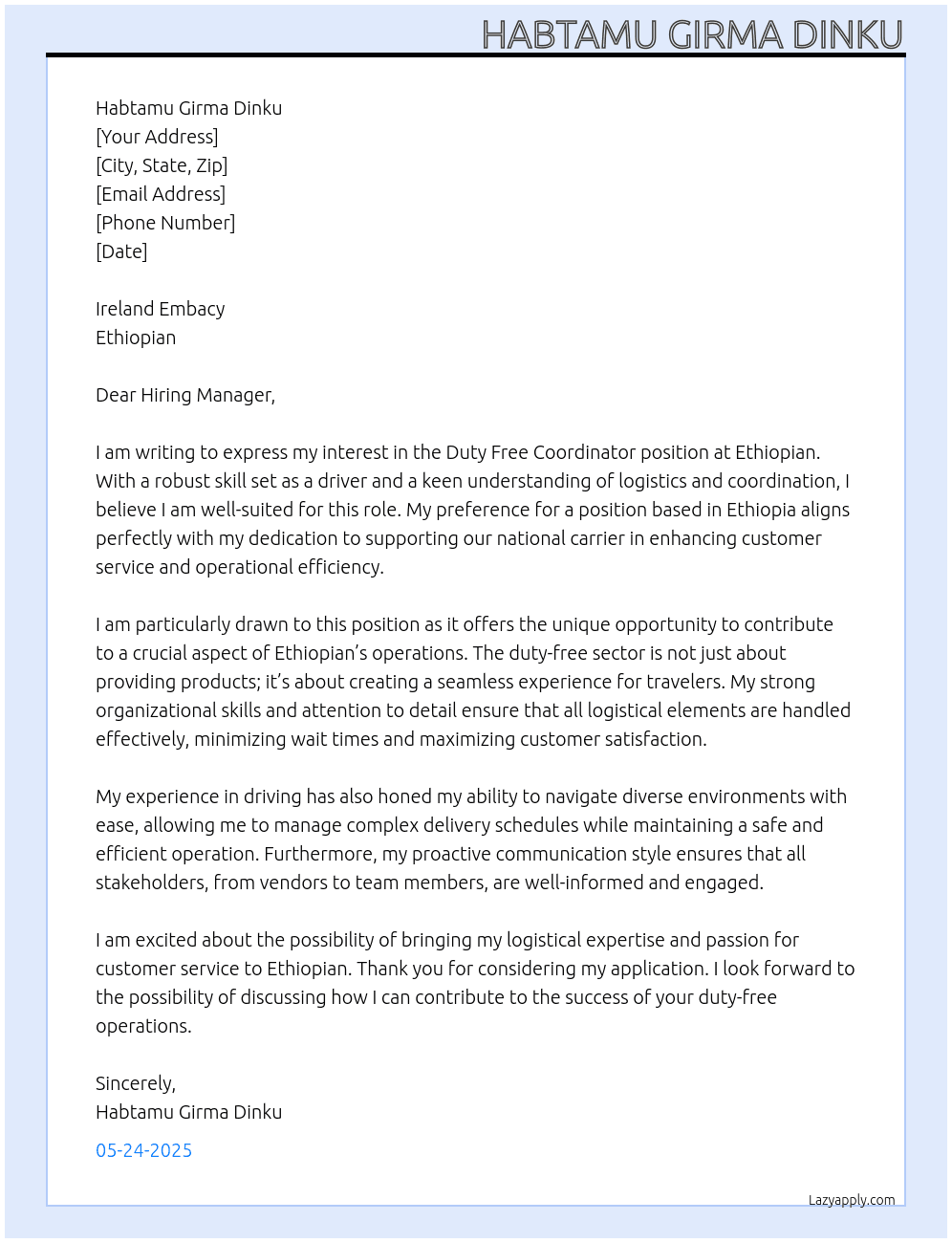 Duty free  At Ethiopian  Cover Letter