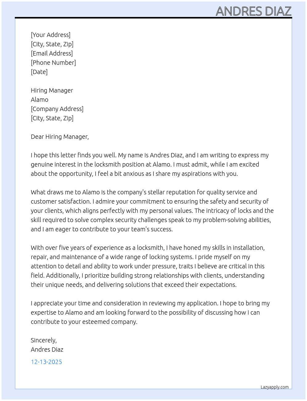 locksmith At alamo Cover Letter