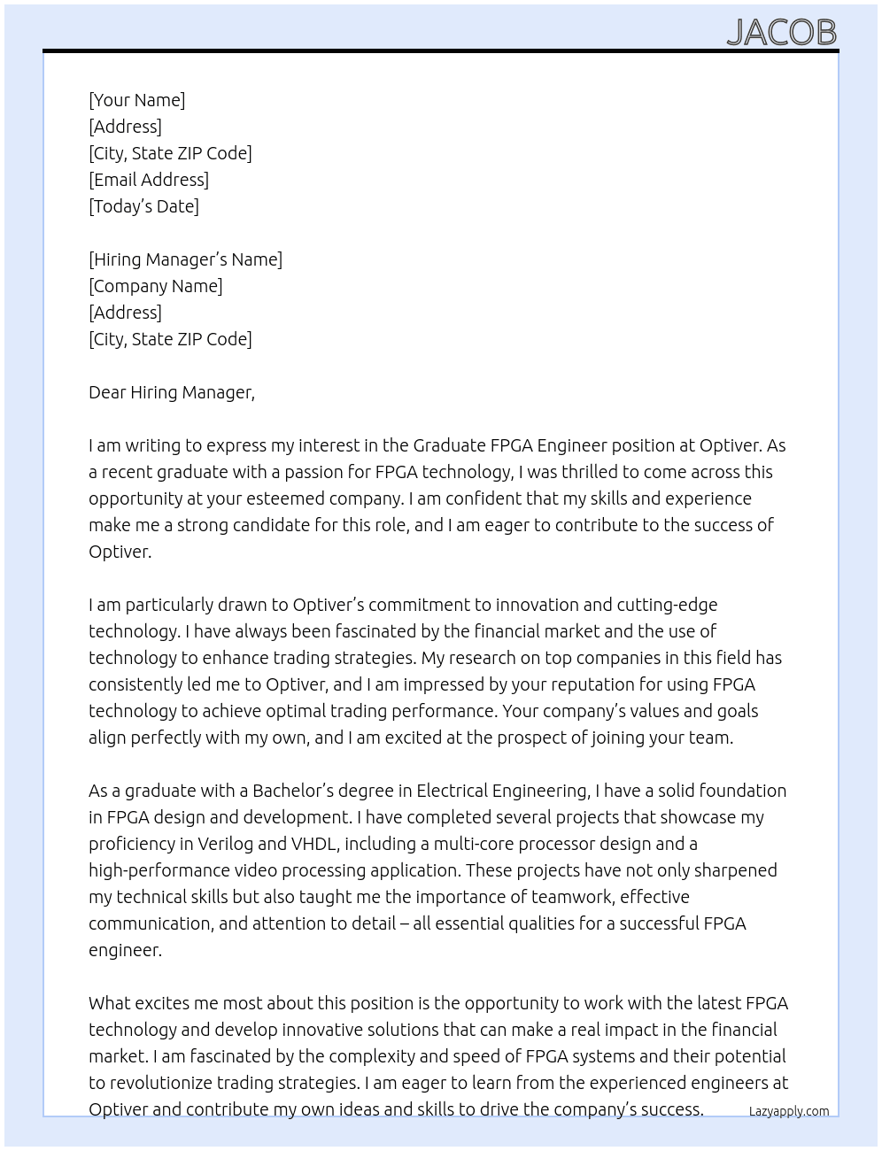 Graduate FPGA Engineer At Optiver Cover Letter
