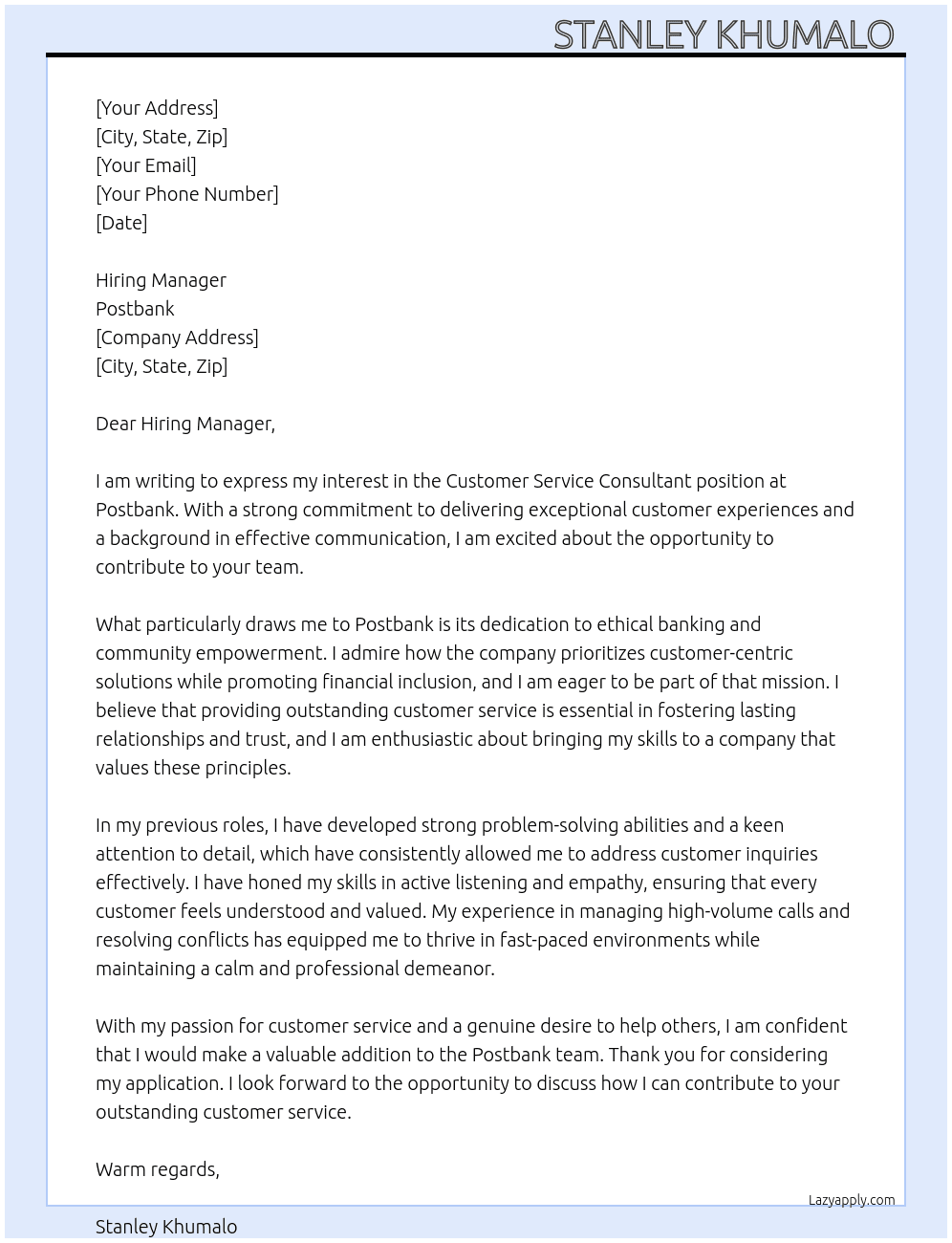Customer service Consultant  At Postbank  Cover Letter